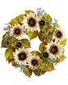 Nearly Natural 24" White Sunflower And Hydrangea Artificial Autumn Wreath In Green