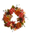 Nearly Natural 25" Fall Ranunculus, Hydrangea And Berries Autumn Artificial Wreath In Orange