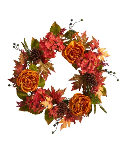 Nearly Natural 25" Fall Ranunculus, Hydrangea And Berries Autumn Artificial Wreath In Orange