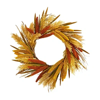 Nearly Natural 25-in Sorghum Harvest Artificial Wreath In Yellow