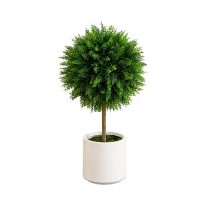 Nearly Natural 2.5' Uv Resistant Artificial Cedar Ball Topiary Tree In White Decorative Planter (indoor/outdoor) Ar