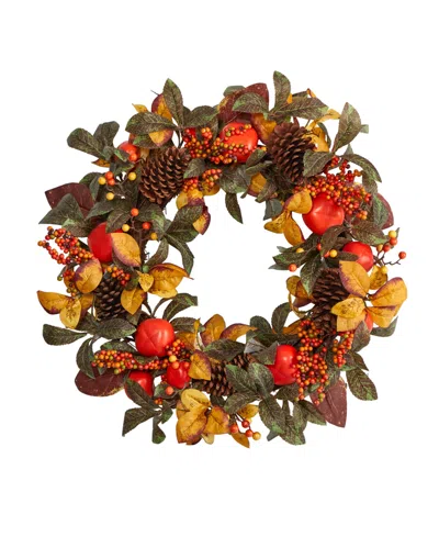 Nearly Natural 26" Autumn Persimmon And Pinecones Artificial Fall Wreath In Orange