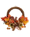 Nearly Natural 26" Fall Harvest Artificial Autumn Wreath With Twig Base And Bunny In Orange