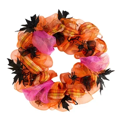 Nearly Natural "26"" Halloween Spider Mesh" Wreath In Orange