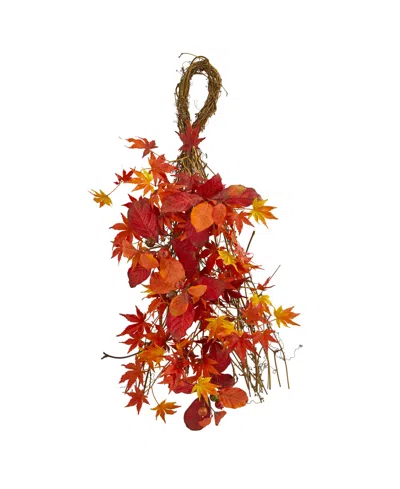 Nearly Natural 26" Mixed Japanese Maple, Magnolia Leaf And Berries Artificial Teardrop In Red,orange