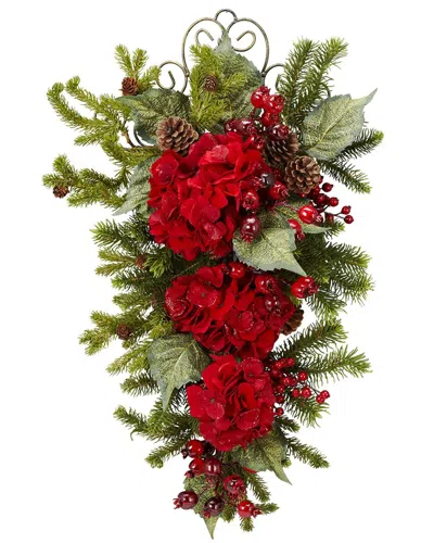 Nearly Natural 27in Christmas Hydrangea Teardrop In Red