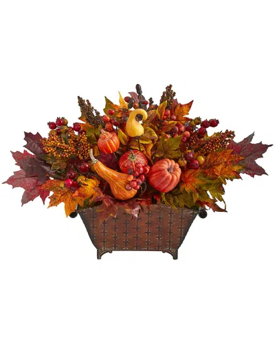 Nearly Natural 27in. Pumpkin, Maple Leaf & Berries Artificial Arrangement In  Metal Vase In Orange