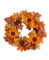 NEARLY NATURAL 28" AUTUMN MAPLE LEAVES, SUNFLOWER, WHITE BERRIES AND PINECONES ARTIFICIAL FALL WREATH