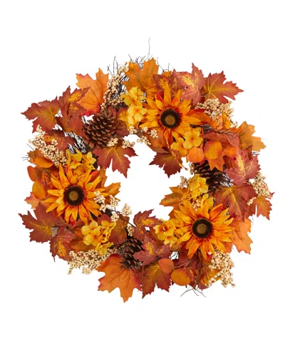 Nearly Natural 28" Autumn Maple Leaves, Sunflower, White Berries And Pinecones Artificial Fall Wreath In Orange