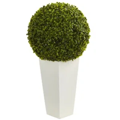 Nearly Natural 28" Boxwood Topiary Ball Artificial Plant In White Tower Planter In Green