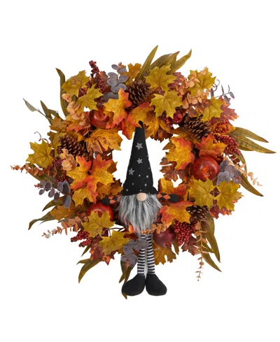 Nearly Natural 28in. Harvest Fall Gnome Artificial Autumn Wreath In Orange