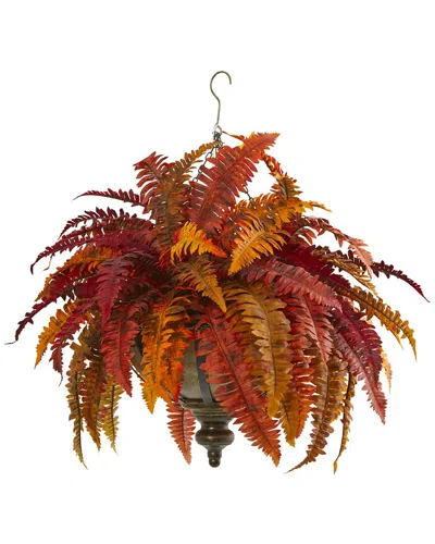 Nearly Natural 28in. Autumn Boston Fern Artificial Plant In Hanging Metal Bowl In Red