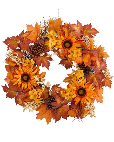 Nearly Natural 28" Autumn Maple Leaves, Sunflower, White Berries And Pinecones Artificial Fall Wreath In Orange