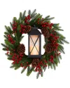 Nearly Natural Berries And Pine Artificial Christmas Wreath With Lantern And Included Led Candle, 28" In Green