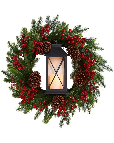NEARLY NATURAL NEARLY NATURAL 28IN BERRIES AND PINE ARTIFICIAL CHRISTMAS WREATH WITH LANTERN AND INCLUDED LED CANDL