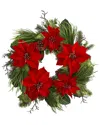 Nearly Natural 28in. Poinsettia & Pine Wreath In Red