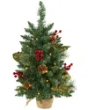 Nearly Natural 2ft. Pine, Pinecone And Berries Artificial Christmas Tree With 35 Led Lights And 86 B In Green