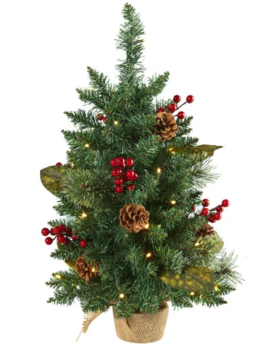 Nearly Natural 2ft. Pine, Pinecone And Berries Artificial Christmas Tree With 35 Led Lights And 86 B In Green