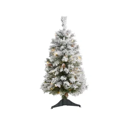 Nearly Natural 3 Foot Flocked White River Mountain Pine With Pinecones Pre-lit Christmas Tree In Gray