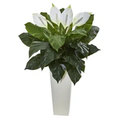 Nearly Natural 3' Spathiphyllum Artificial Plant In White Tower Planter In Green