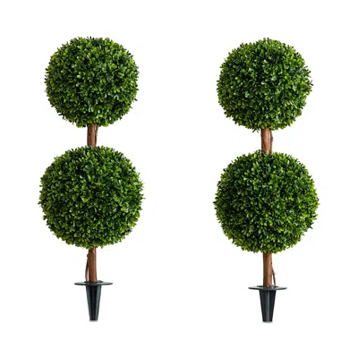 Nearly Natural 3' Uv Resistant Artificial Double Ball Boxwood Topiary With Integrated Ground Stake (indoor/outdoor) In Green