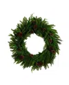 Nearly Natural Artificial Norfolk Mixed Pine 30 Wreath With Pinecones In Green