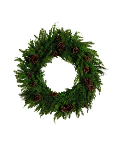 Nearly Natural 30" Artificial Norfolk Pine Wreath With Pinecones In Green