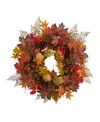 Nearly Natural 30" Autumn Maple Leaves, Acorn, Pinecones And Cinnamon Sticks Artificial Fall Wreath In Orange