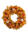 Nearly Natural 30" Autumn Pumpkin And Maple Leaf Artificial Fall Wreath In Orange