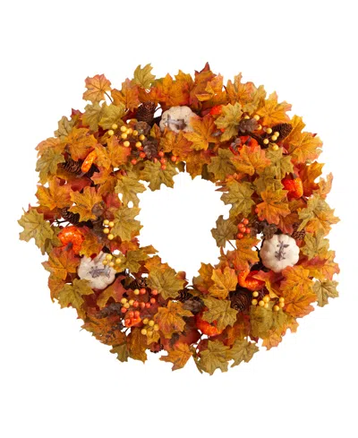 Nearly Natural 30" Autumn Pumpkin And Maple Leaf Artificial Fall Wreath In Orange