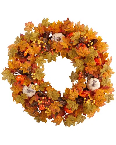 Nearly Natural 30in. Autumn Pumpkin & Maple Leaf Artificial Fall Wreath In Orange