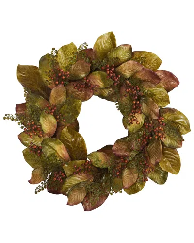 Nearly Natural 30in Fall Magnolia Leaf & Berries Artificial Wreath In Green