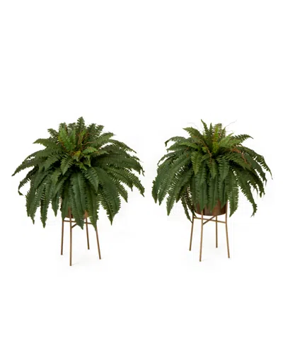 Nearly Natural 32" Artificial Boston Fern Plant With Metal Planter With Stand Diy Kit Set Of 2 In Green