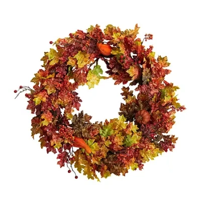 Nearly Natural 32" Leaf Berries & Pumpkin Faux Wreath In Orange