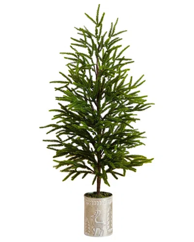 Nearly Natural 32in. Artificial Real Touch Norfolk Island Pine In Christmas  Tin Metal Planter In Green