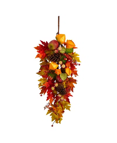 Nearly Natural 35" Autumn Maple Leaf And Berries Fall Teardrop In Orange