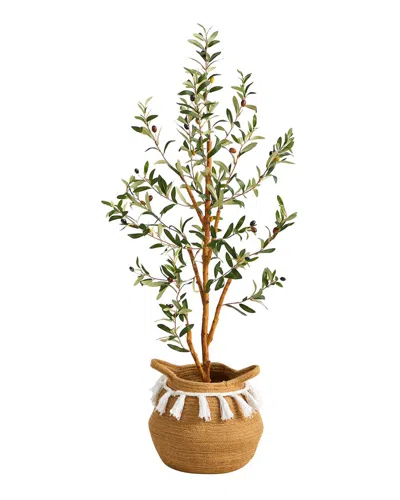 Nearly Natural 3.5ft Artificial Olive Tree With Handmade Tassel Basket In Green