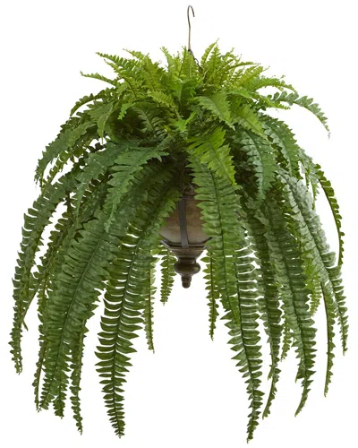 Nearly Natural 39in Boston Fern Artificial Plant In Metal Hanging Bowl In Green