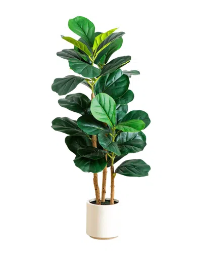 Nearly Natural 3ft Artificial Fiddle Leaf Tree In Decorative White Planter In Green