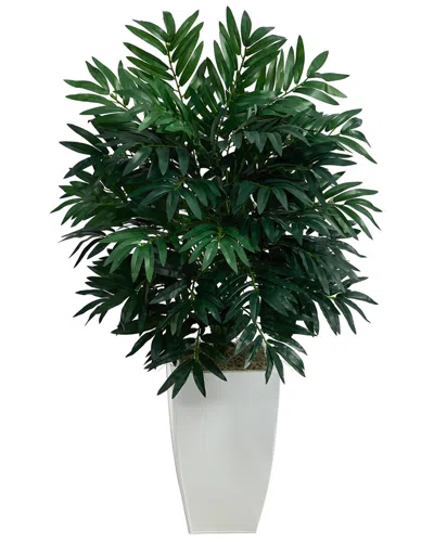 Nearly Natural 3ft Bamboo Palm Artificial Plant In White Metal Planter In Green