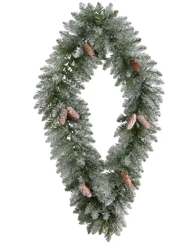 Nearly Natural 3ft. Holiday Christmas Geometric Diamond Frosted Wreath With Pinecones And 50 Warm Wh In Green