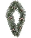 Nearly Natural 3ft. Holiday Christmas Geometric Diamond Frosted Wreath With Pinecones And 50 Warm Wh In Green