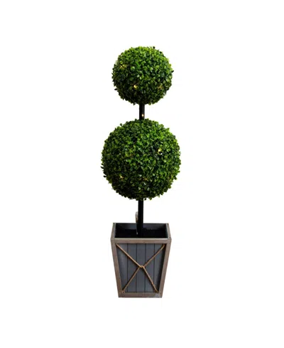 Nearly Natural 3ft. Uv Resistant Artificial Double Ball Boxwood Topiary With Led Lights In Decorative Planter Indoo In Green