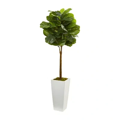 NEARLY NATURAL 4' FIDDLE LEAF ARTIFICIAL TREE IN WHITE TOWER PLANTER