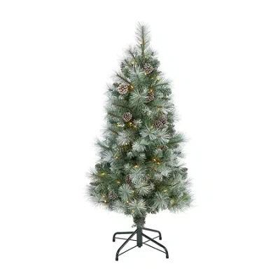 Nearly Natural 4 Foot Frosted Pine With Pine Cones And 228 Bendable Branches And 100 Clear Lights Pre-lit Christmas In Green