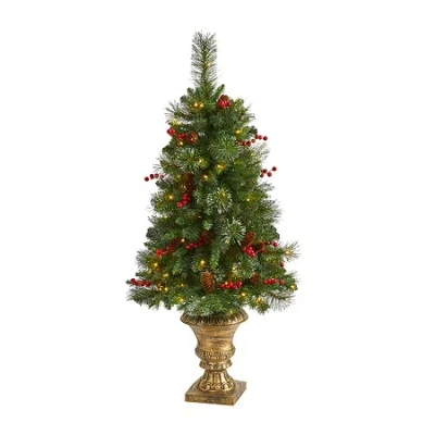 Nearly Natural 4 Foot Pine In Decorative Urn With Pinecone And Berries And 100 Clear Led Lights Pre-lit Christmas T In Green