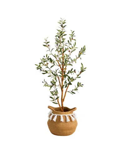Nearly Natural 42" Artificial Olive Tree With Handmade Jute Cotton Basket With Tassels In Green