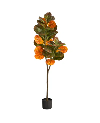 Nearly Natural Autumn Fiddle Leaf Artificial Fall Tree 4.5ft. In Brown