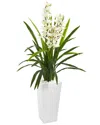 Nearly Natural 4.5ft Cymbidium Orchid Artificial Plant In White Tower Planter In Green