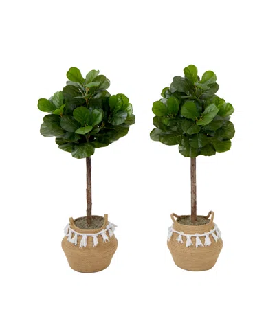 Nearly Natural 48" Artificial Fiddle Leaf Fig Tree With Handmade Jute Cotton Basket With Tassels Diy Kit Set Of 2 In Green